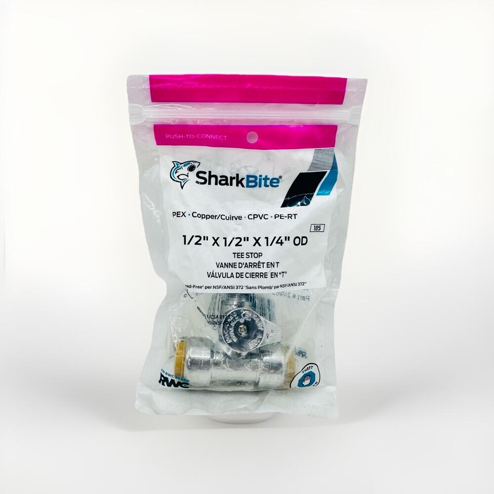 SharkBite 1/2 x 1/2 x 1/4 Inch Brass Push Tee Stop Valve Compression Fitting PEX